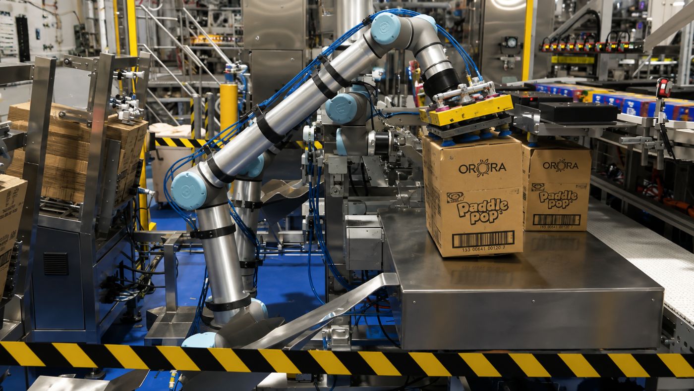 Cobot palletising cartons of product in a food factory