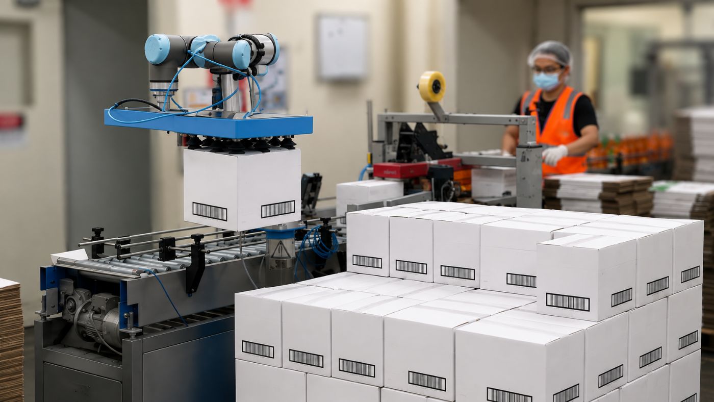 Cobot case-packing cartons alongside an operator
